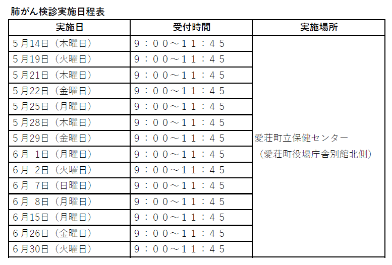 肺がん検診実施日程表