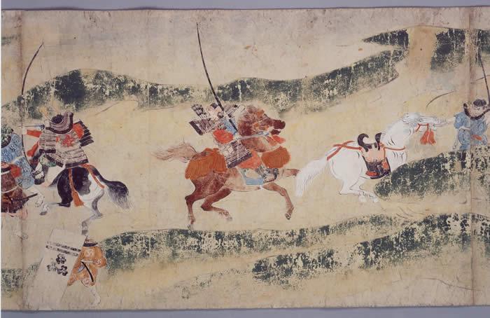 絵巻部分抜粋(合戦の様子。騎馬と弓の兵士たちが戦っている絵の左)