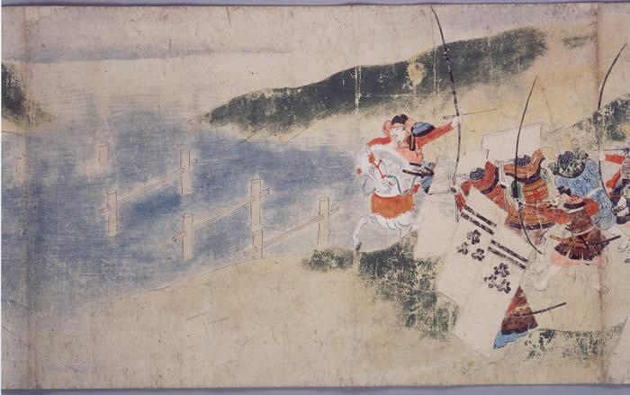 絵巻部分抜粋(合戦の様子。水場を挟んで向き合う弓を持った兵士たち絵の右)