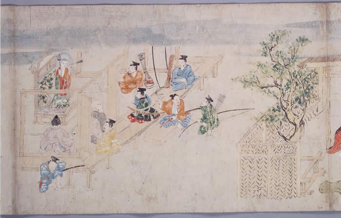 絵巻部分抜粋(合戦前の写真。お奉行様の前に弓を持った兵士たちが集まっている絵)