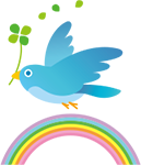 虹の上を四つ葉のクローバーを加えた青い鳥が飛んでいるイラスト