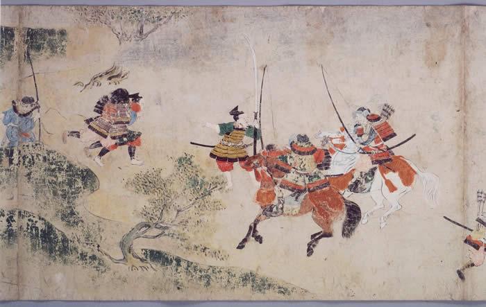絵巻部分抜粋（合戦の様子。騎馬と弓の兵士たちが戦っている絵の右）