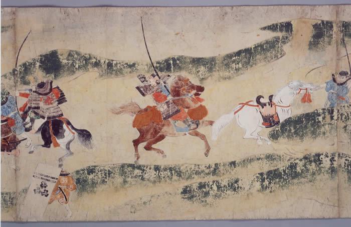 絵巻部分抜粋（合戦の様子。騎馬と弓の兵士たちが戦っている絵の左）