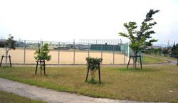 小さな木々育つきれいな芝生とフェンスで囲われ整備されたグラウンドがある、ふれ愛スポーツ公園の写真